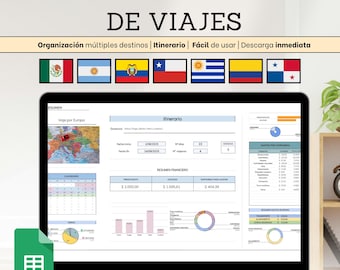 Google Sheets Travel Planner, template, digital, itinerary, budget, packing and to-do list, editable, Spanish, management