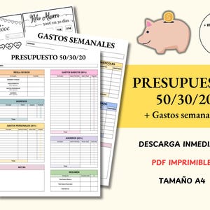 Może przedstawiać: Drukowany planer budżetu w formacie PDF, zaprojektowany dla metody 50/30/20. Planer zawiera sekcje do śledzenia dochodów, wydatków, oszczędności i wydatków tygodniowych. Zawiera również grafikę świnki skarbonki i tekst "PRESUPUESTO 50/30/20 + Gastos semanales".