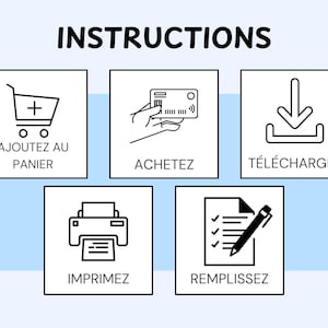 May include: A graphic with the word "INSTRUCTIONS" at the top. Below are five white squares with black icons and text: a shopping cart, a credit card, a download icon, a printer, and a checklist with a pen.
