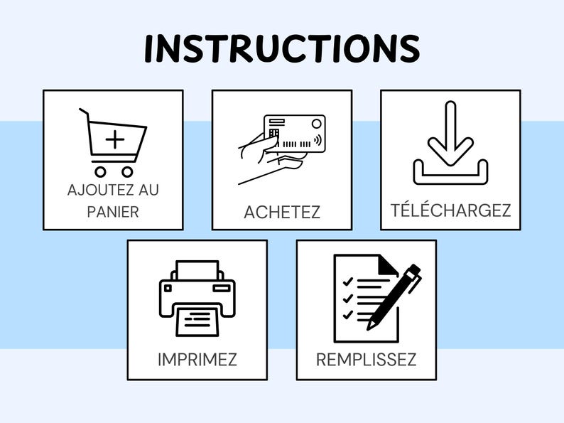 May include: A graphic with the word "INSTRUCTIONS" at the top. Below are five white squares with black icons and text: a shopping cart, a credit card, a download icon, a printer, and a checklist with a pen.