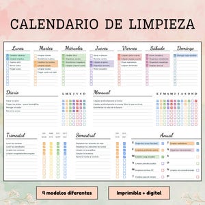 Pode incluir: Um planejador de limpeza intitulado CALENDARIO DE LIMPIEZA com seções para tarefas diárias, semanais, mensais, trimestrais, semestrais e anuais. O documento apresenta caixas de seleção e listas em espanhol com códigos de cores.