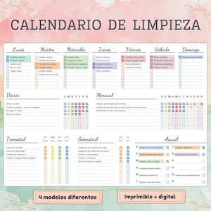 Calendario delle pulizie - 4 versioni - Organizzare le attività di pulizia della casa - Planner stampabile e digitale - in SPAGNOLO