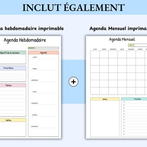 May include: Two printable planner pages with the text "INCLUT &Eacute;GALEMENT" at the top. The left page is a weekly planner with sections for goals, priorities, tasks, and notes. The right page is a monthly planner with a calendar grid and sections for notes and priorities.