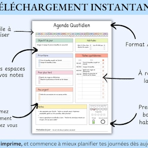 May include: A printable daily planner in A4 format with sections for goals, habits, and tasks. The planner includes space for notes and a section to track energy levels. The text says "Instant Download" and "Easy to use".