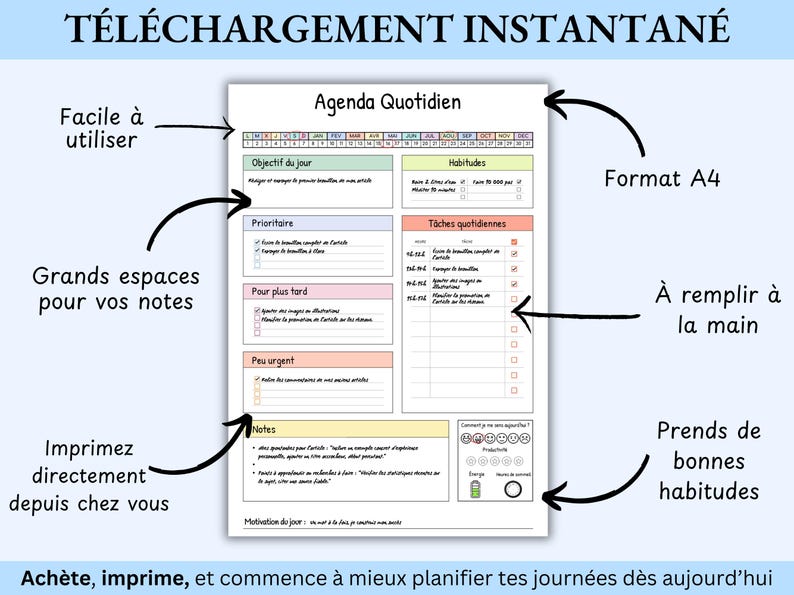 May include: A printable daily planner in A4 format with sections for goals, habits, and tasks. The planner includes space for notes and a section to track energy levels. The text says "Instant Download" and "Easy to use".