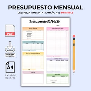 Planificador de finanzas seguimiento de ingresos y gastos en ESPAÑOL - IMPRIMIBLE (PDF) Plantilla para presupuesto personal mensual 50/30/20