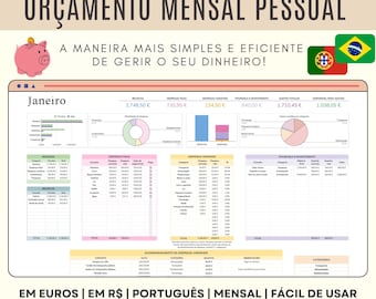 Monthly Orçamento Plan in Portuguese for Google Sheets, Personalized Financial Model, Controle de Despesas e Receitas in Portuguese