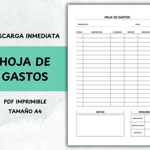 HOJA DE GASTOS imprimible, Pdf control de ingresos y gastos, presupuesto diario semanal mensual, A4, finanzas personales, gastos familiares