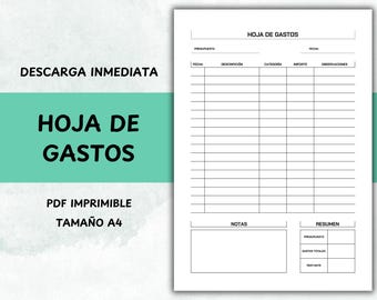 HOJA DE GASTOS imprimible, Pdf control de ingresos y gastos, presupuesto diario semanal mensual A4 finanzas personales, gastos familiares