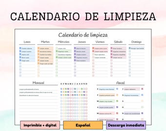 Calendario de limpieza - organización tareas limpieza hogar - Planificador imprimible y digital - en ESPAÑOL