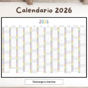 Calendario 2026 anual digital imprimible a color formato A4 A3 A2 anual planificador académico de pared arcoíris enero diciembre organizador