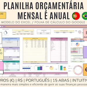 Puede incluir: Hoja de cálculo digital para presupuestos mensuales y anuales, con el texto "PLANILHA ORÇAMENTÁRIA MENSAL E ANUAL". Incluye 15 pestañas, automatización y resúmenes financieros. Incluye el texto "DESCARREGAR AGORA!" y "Digital".