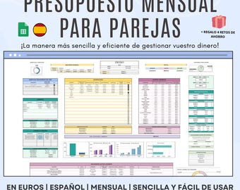 DIGITAL INCOME AND EXPENSE PLANNER for COUPLES in SPANISH Euros - Monthly personal budget template, Google Sheets
