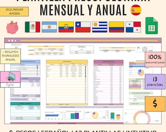 DIGITAL PLANNER income and expenses SPANISH and American dollars, pesos, Monthly personal budget template, Google Excel spreadsheets