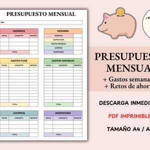 Planificador de finanzas seguimiento de ingresos y gastos en ESPAÑOL - IMPRIMIBLE (PDF) Plantilla para presupuesto personal mensual A4 y A5