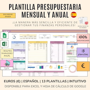 Digital income and expense planner in SPANISH Euros - Monthly personal budget template, Excel and Google Sheets 2025
