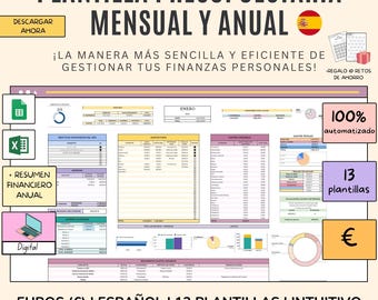 PLANIFICADOR digital de ingresos y gastos en ESPAÑOL Euros - Plantilla presupuesto personal mensual, Excel y Hojas de cálculo Google 2025