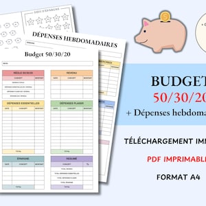 May include: Budget 50/30/20 printable PDF with weekly expense tracking sheets. Includes a piggy bank graphic, a gift icon, and the text "TÉLÉCHARGEMENT IMMÉDIAT" and "FORMAT A4".