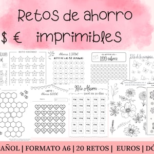 Printable savings challenges | SPANISH | Euros Dollars | 20 PDF CHALLENGES | savings challenge | coin challenge | save money | A6 format