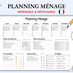 Puede incluir: Un planificador doméstico imprimible y reutilizable en francés, titulado "Planning Ménage". Incluye listas de tareas diarias, mensuales, trimestrales, semestrales y anuales. Se ilustran un lápiz y una aspiradora.