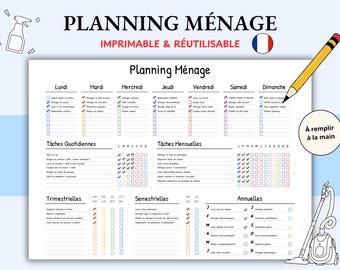 Planning ménage à imprimer PDF, Organisateur quotidien et hebdomadaire des tâches ménagères pour maison et appartement, en Français