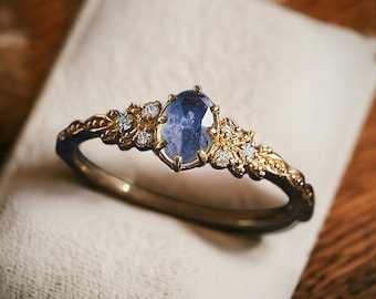 Anillo de labradorita, anillo de piedras preciosas, chapado en oro de 14 quilates, anillo de declaración