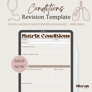 Könnte beinhalten: Eine digitale druckbare Revisionsschablone für medizinische Zustände. Die Vorlage ist in Abschnitte für System, Zustand, Pathophysiologie, klinische Präsentation, Untersuchungen und Diagnose, Risikofaktoren und Management unterteilt. Die Vorlage soll Studenten und Fachleuten helfen, ihre Notizen zu organisieren und für Prüfungen zu lernen.