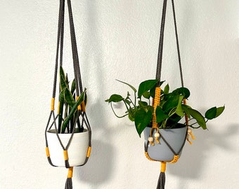Macrame Plant hanger, 2 pieces, 39', Color: Gray  with yellow.