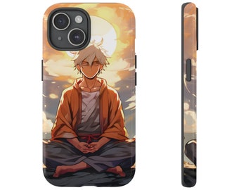 May include: A phone case featuring an illustration of a person with white hair wearing an orange robe and dark pants, sitting in a meditative pose against a bright yellow sun and cloudy sky background. The case has a black camera cutout area.
