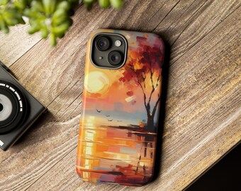 May include: A rectangular smartphone case featuring an impressionistic oil painting style design. The artwork depicts a vibrant sunset over a body of water with a silhouetted tree, warm orange and yellow tones, and small birds in the sky.