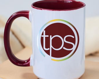 The Potter's School Logo Colorful Mug, White with Maroon Handle and Inside, 100% Ceramic Mug
