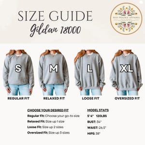 May include: A size guide for Gildan 18000 sweatshirts featuring four grey crewneck sweatshirts labeled S, M, L, and XL. The text includes 'SIZE GUIDE', 'Gildan 18000', 'CHOOSE YOUR DESIRED FIT', and 'MODEL STATS' with measurements in inches and pounds.