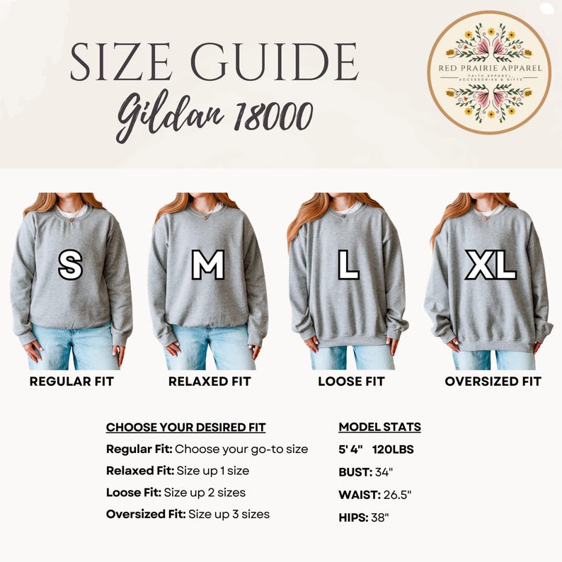 May include: A size guide for Gildan 18000 sweatshirts featuring four grey crewneck sweatshirts labeled S, M, L, and XL. The text includes 'SIZE GUIDE', 'Gildan 18000', 'CHOOSE YOUR DESIRED FIT', and 'MODEL STATS' with measurements in inches and pounds.