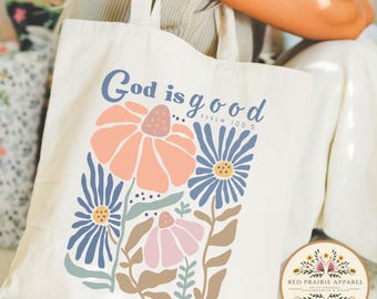 God Is Good Christian Tote Bag Reusable Canvas Church Tote Bag Boho Christian Merch Floral Jesus Tote Cute Psalm Bible Verse Tote Religious