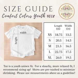 May include: White Comfort Colors youth t-shirt with a size guide. The guide shows measurements in inches for XS to XL sizes. The text reads "SIZE GUIDE Comfort Colors Youth 9018". The brand logo is in the upper right corner.