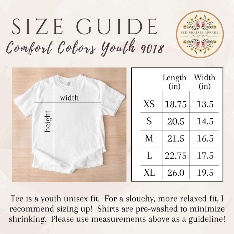 May include: White Comfort Colors youth t-shirt with a size guide. The guide shows measurements in inches for XS to XL sizes. The text reads "SIZE GUIDE Comfort Colors Youth 9018". The brand logo is in the upper right corner.