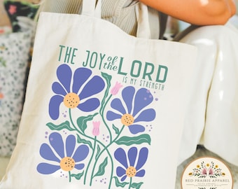 Joy of The Lord Christian Tote Bag Reusable Canvas Church Tote Bag Boho Christian Merch Floral Jesus Tote Cute Nehemiah Bible Verse Tote Bag