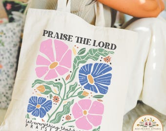 Praise The Lord Christian Tote Bag Reusable Canvas Church Tote Bag Boho Christian Merch Floral Jesus Tote Cute Psalm Bible Verse Tote Bag