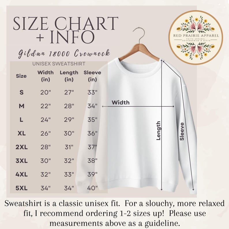 May include: A white Gildan 18000 crewneck unisex sweatshirt displayed on a wooden hanger. The image includes a size chart with width, length, and sleeve measurements in inches for sizes S through 5XL, alongside text indicating a classic unisex fit.