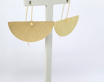 Big Brass Statement Earrings, Gold Plated Silver Hooks, Handmade Minimalist Jewelry