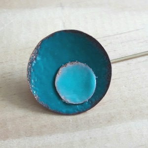 Blue Enamel Brooch, Contemporary Round Brooch, Handcrafted Modern Jewelry, Mid-Century Inspired Brooch, Turquoise Enameled Pin
