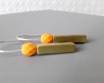 Hammered Brass Bar Earrings: Sterling Silver, Orange Czech Bead, Sterling Silver Hooks, Minimalist Jewelry