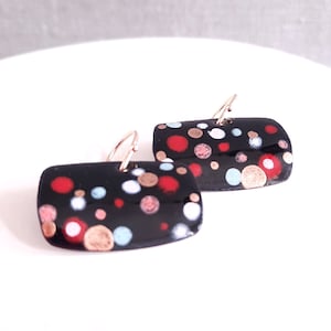 Pendientes Rectángulo en Esmalte Negro, Inspiración Mid- century, Pendientes Colgantes Plata de Ley Chapada