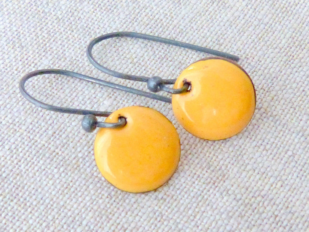 Mustard Yellow Earrings Torch Fired Enamel Dangle Etsy