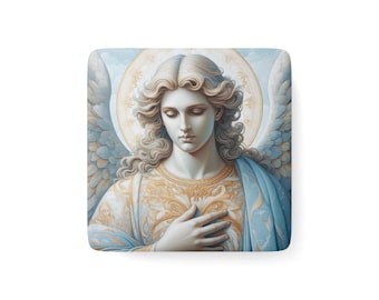 Archangel Raphael Porcelain Magnet - Spiritual Square Fridge Decor, Religious Ceramic Magnet, Cherub Angel Kitchen Decor, Guardian Angel