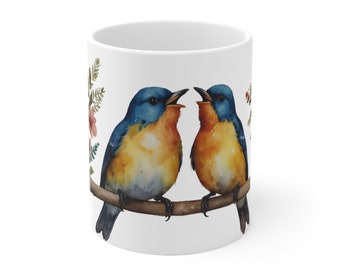 Custom Bird Watercolor Mug, Watercolor Design, Gift Mug, Birthday Gift, Watercolor Flowers, Cute Coffee Mug, Gift for Her, Him