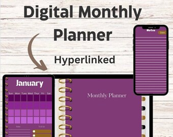 Monthly Planner: Purple Theme | GoodNotes Compatible | Digital Planner with Monthly Notes Section| Undated Planner| Hyperlinks