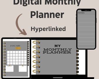 Undated Digital Monthly Planner with Hyperlinks | Organize Your Life Effortlessly | Stay on Track Anytime| Grey&Gold| Goodnotes