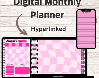 Undated Digital Monthly Planner with Hyperlinks | Organize Your Life Effortlessly | Stay on Track Anytime|Pink Checkered|Goodnotes