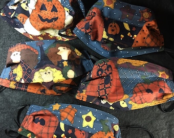 Set of 5 fabric face masks- pleated, elastic loops, Halloween, Witch, Fall, quilt,country, Cat, Cute, pumpkin, jack o’lantern, FREE SHIPPING